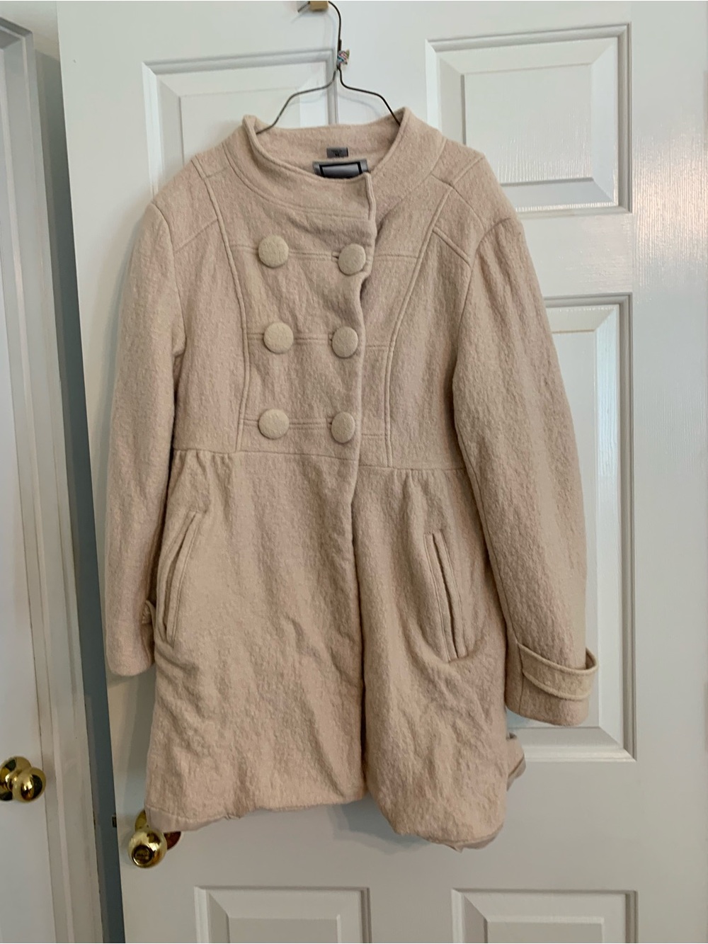 Womens Cream Double-Breasted Wool Blend Coat